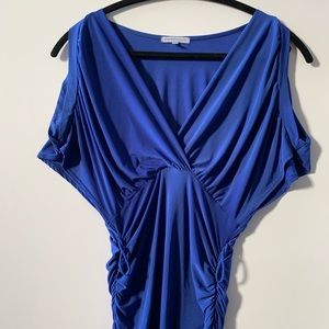 Charlotte Russe cold shoulder blue top, ruched sides.